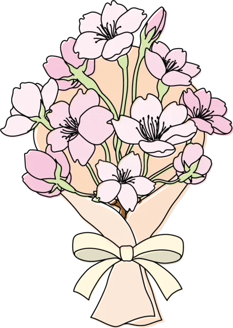 薄桃色の包装紙とリボンで包んだ桜の花束（背景透過PNG）