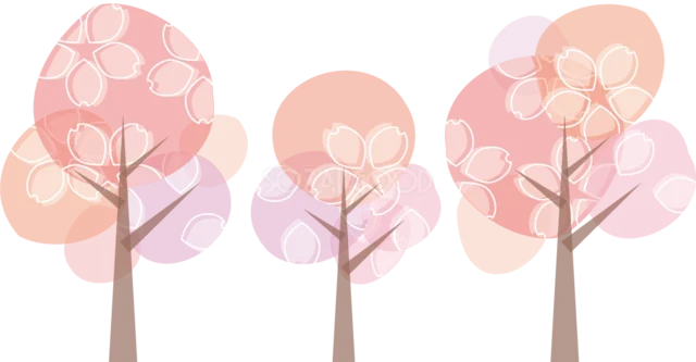 桜模様の丸い樹冠を並べた春の木々（背景透過PNG）