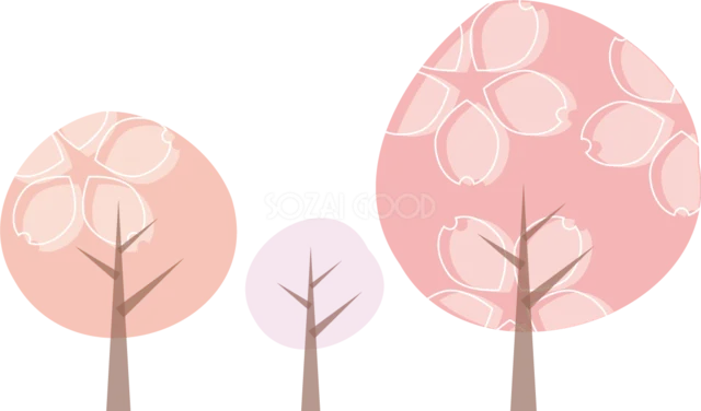 大きさの異なる桜模様の木を並べた春景色（背景透過PNG）