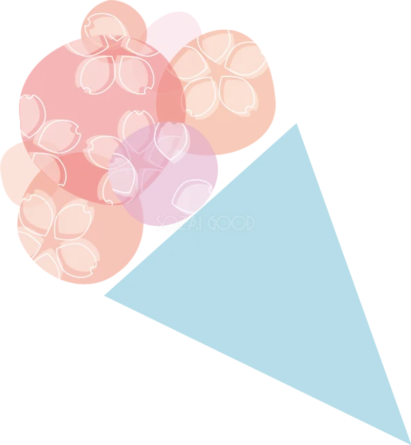 淡い水色の包みに丸い桜模様を束ねた花束（背景透過PNG）