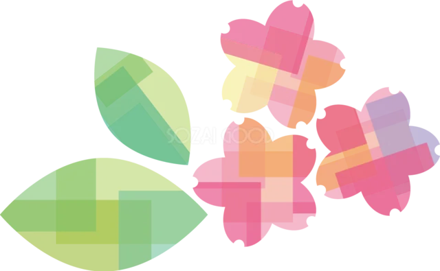 チェック柄の桜と緑の葉を組み合わせた春飾り（背景透過PNG）