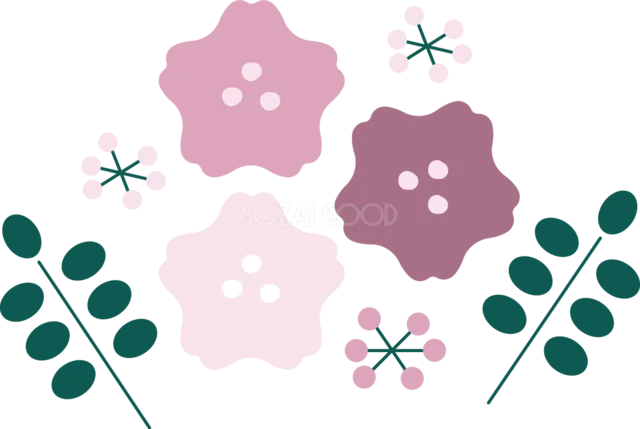 紫とピンクの花と濃い緑の枝葉（背景透過PNG）