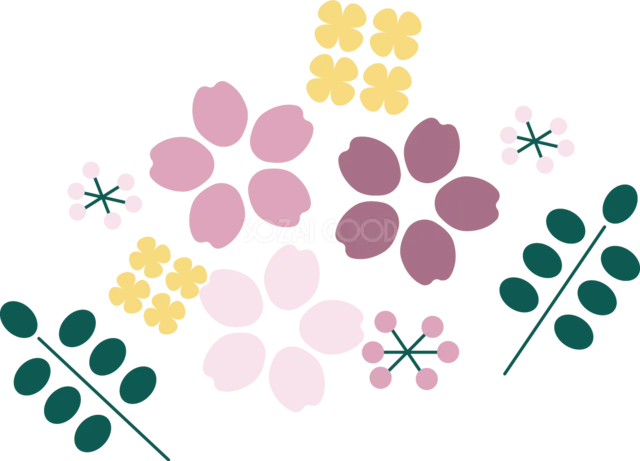 パステルカラーの桜と黄色い小花や緑の枝葉（背景透過PNG）