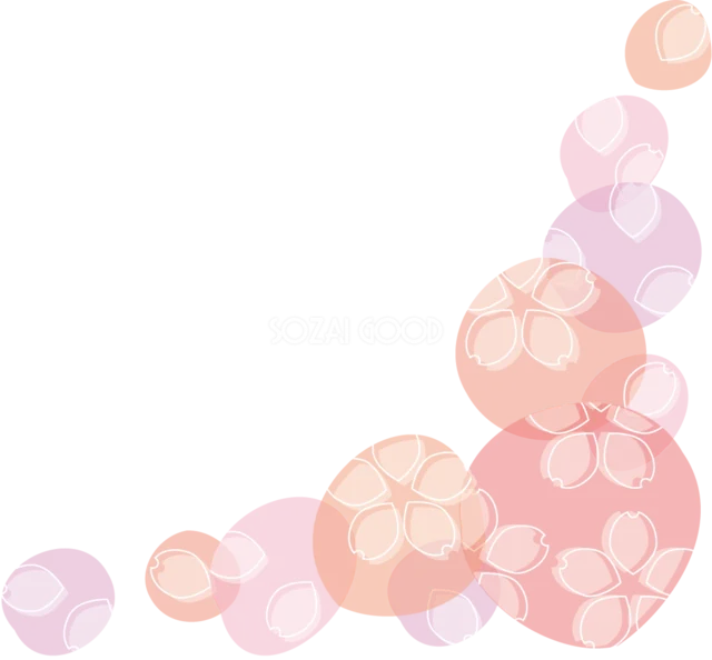 桜模様のピンクの丸を斜めに重ねた春飾り（背景透過PNG）