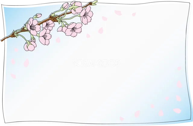 桜の枝と舞う花びらを添えた淡いブルーの横型フレーム（背景透過PNG）