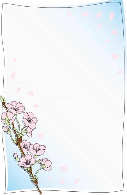 水色の淡い背景に桜の枝と舞う花びらを添えた縦型和風フレーム（PNG）