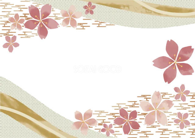 金色の流水模様とピンクの桜を対角に飾った横型和風フレーム（PNG）
