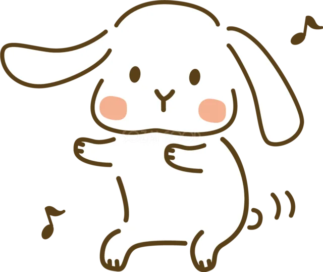 音符に合わせて楽しそうに踊る白うさぎ（背景透過PNG）