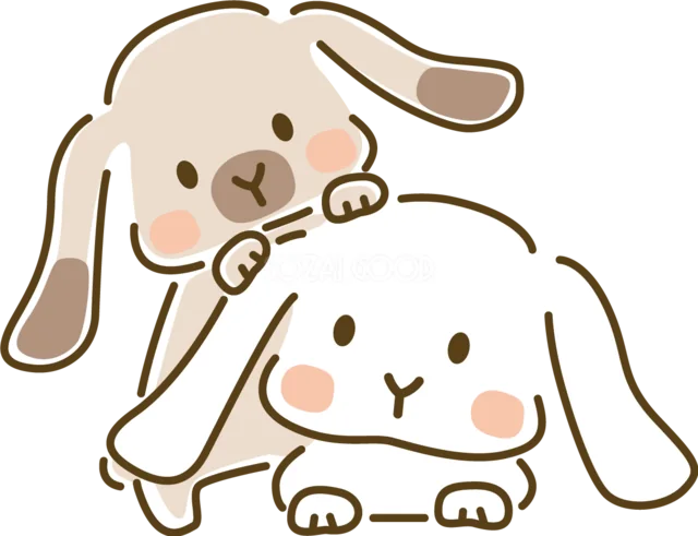 白うさぎに寄り添って毛づくろいする茶色いうさぎ（背景透過PNG）