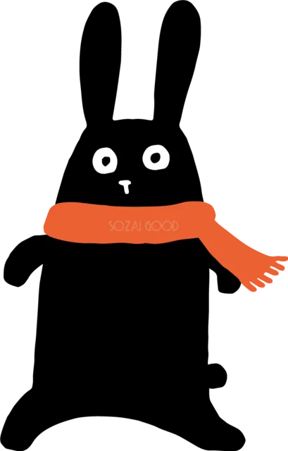 赤いマフラーを巻いて立つ黒うさぎ（背景透過PNG）