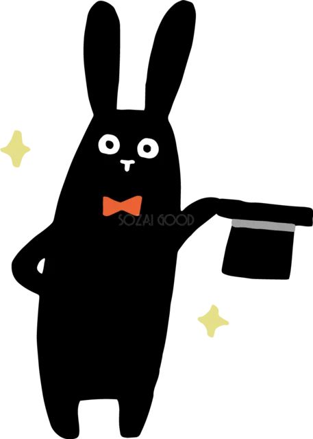 蝶ネクタイ姿で帽子を使う黒うさぎのマジック（背景透過PNG）