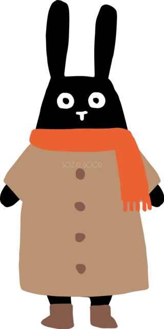 ベージュのコートと赤いマフラーの黒うさぎ（背景透過PNG）