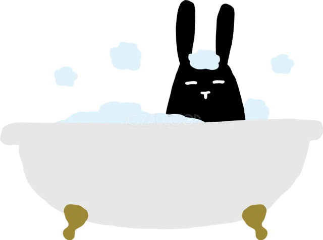 泡風呂に入って温まる黒うさぎ（背景透過PNG）