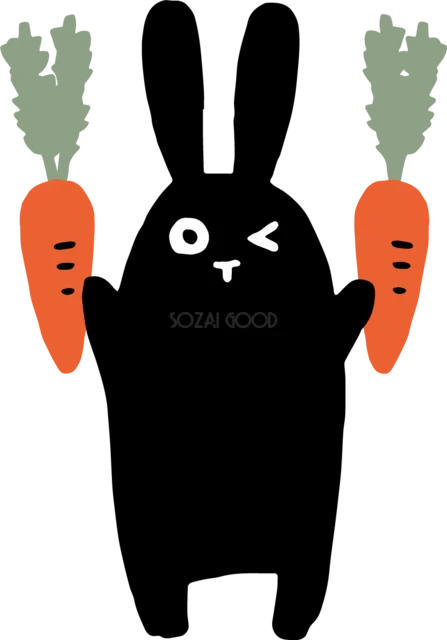 にんじんを両手に持ってウインクする黒うさぎ（背景透過PNG）