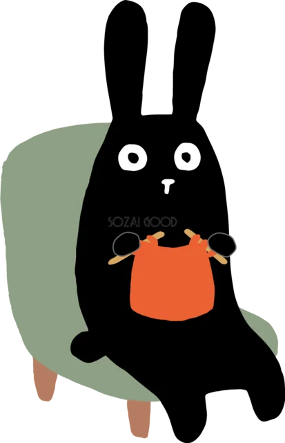 椅子に座ってオレンジのセーターを編む黒うさぎ（背景透過PNG）