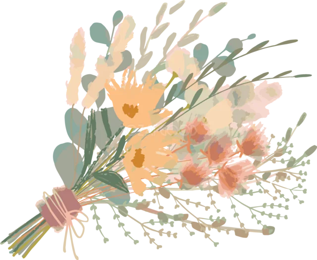 オレンジとピンクの花・葉をラフに束ねたブーケイラスト（背景透過PNG）