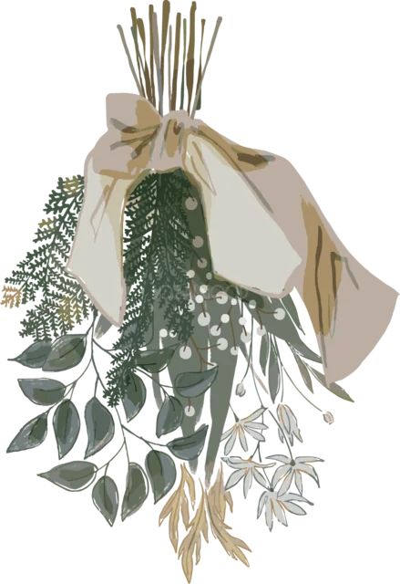 茶色い大きなリボンで束ねたドライフラワースワッグ（背景透過PNG）
