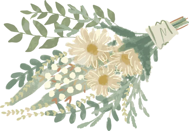 黄色い花とユーカリを横向きに束ねたナチュラルな花束（背景透過PNG）