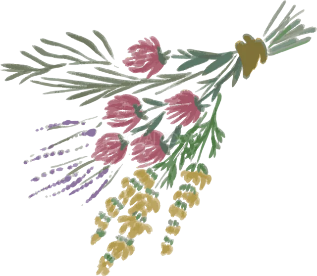 ピンクと紫の花・ハーブを横向きに束ねたボタニカルイラスト（背景透過PNG）