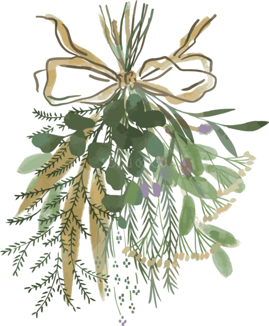白いリボンで吊るした深緑の葉と穂のスワッグイラスト（背景透過PNG）