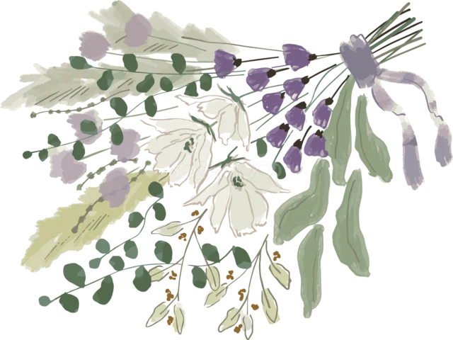 紫の小花とくすみグリーンを横向きに束ねた花束イラスト（背景透過PNG）