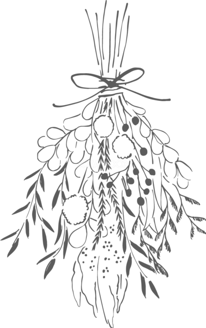 野草と実を下向きに束ねたモノクロのスワッグイラスト（背景透過PNG）