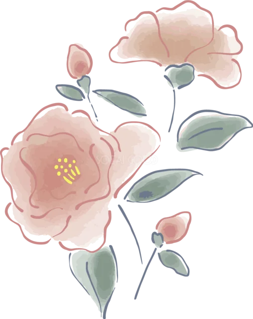 淡いピンクの花と緑の葉を描いた水彩ボタニカルイラスト（背景透過PNG）