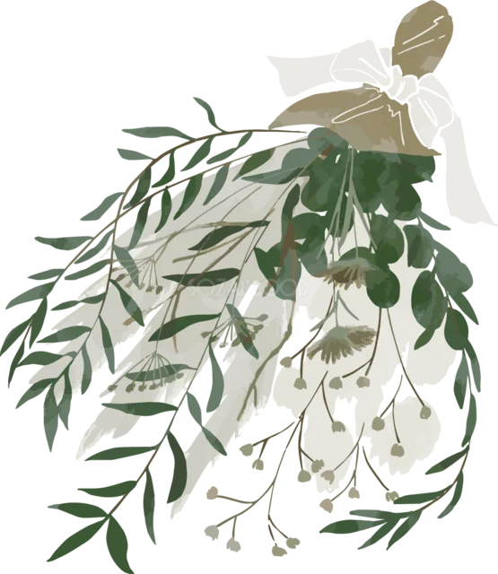白いリボンで束ねたグリーンと小花のスワッグイラスト（背景透過PNG）