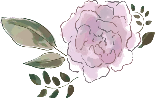 淡い紫の大輪花と深緑の葉を描いた水彩フラワーイラスト（背景透過PNG）
