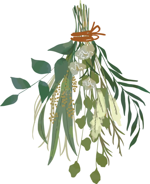 細長い葉と穂を麻ひもで束ねたナチュラルなスワッグ（背景透過PNG）