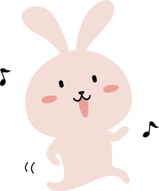 音符と一緒に楽しそうに跳ねるピンクのうさぎ（背景透過PNG）