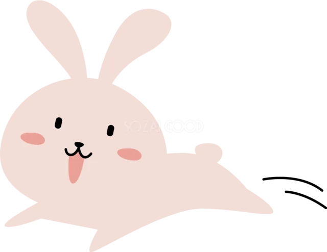 勢いよく横向きにジャンプするピンクのうさぎ（背景透過PNG）