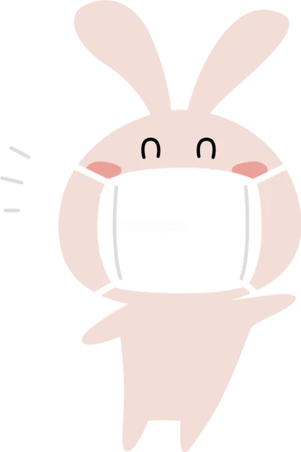 大きな白いマスクを着けて笑うピンクのうさぎ（背景透過PNG）