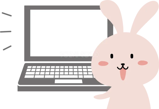 ノートパソコンの横から顔を出すピンクのうさぎ（背景透過PNG）