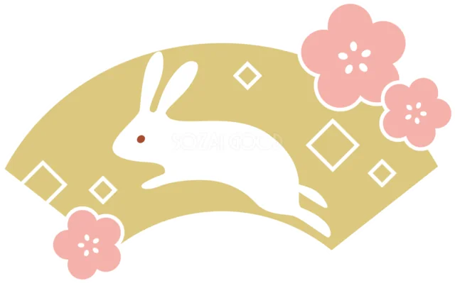 金色の扇と梅の花を飛び越える白うさぎ（背景透過PNG）