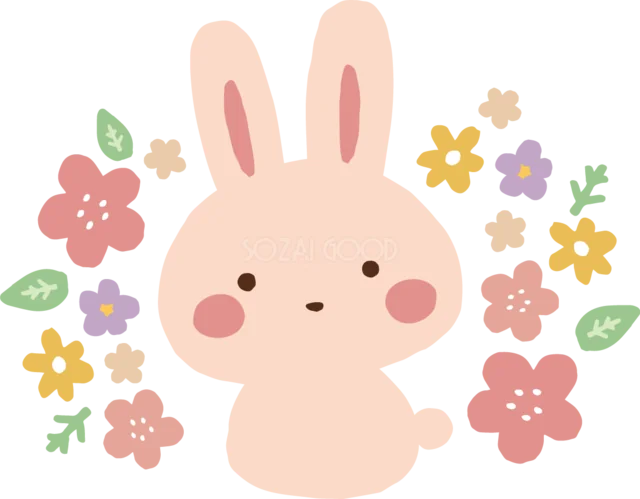 春の小花に囲まれたピンクのうさぎ（背景透過PNG）