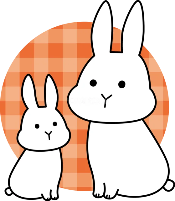 オレンジのチェック柄を背に座るうさぎの親子（背景透過PNG）