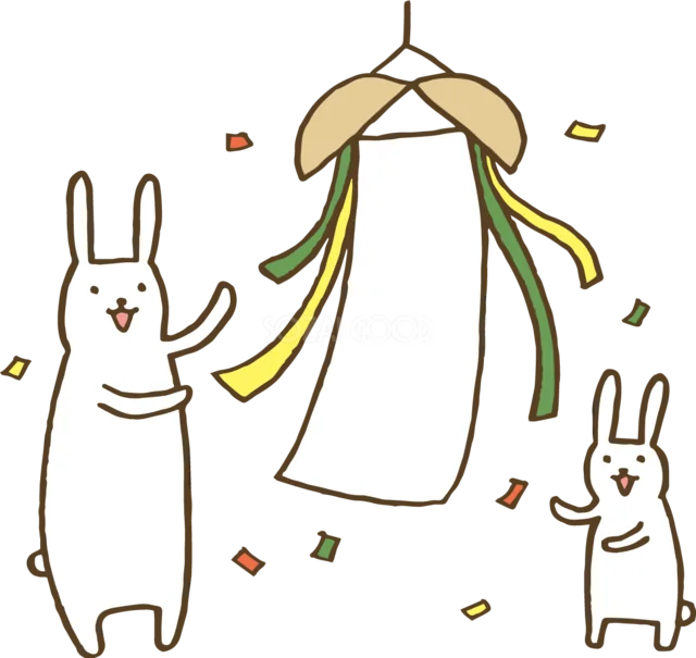 カラフルな飾りを見上げる手描き風うさぎ2匹（背景透過PNG）