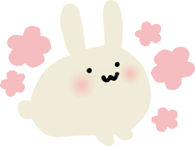 桜の花に囲まれて寝そべるふわふわ白うさぎ（背景透過PNG）