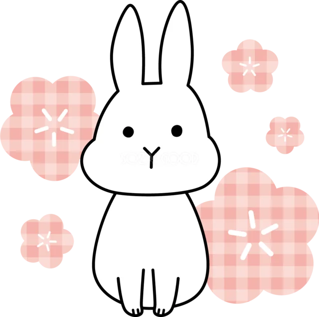 ピンクのチェック柄の花と座る白うさぎ（背景透過PNG）