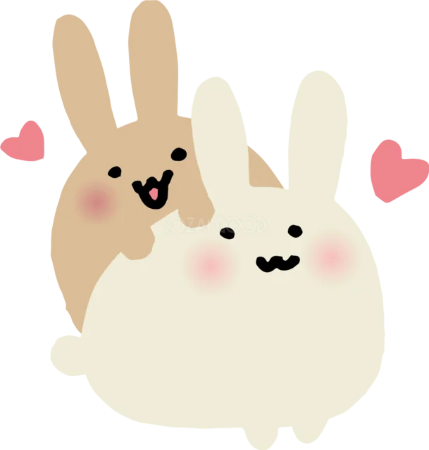 ハートに囲まれて抱き合う茶色と白のうさぎ（背景透過PNG）