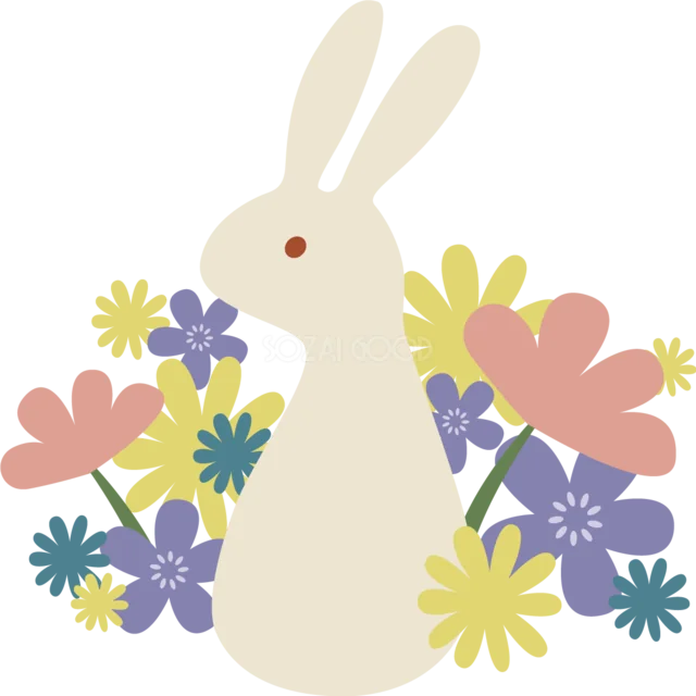 色とりどりの花に囲まれた白うさぎ（背景透過PNG）
