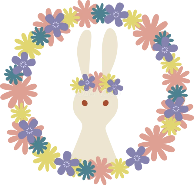 花冠を付けて花のリースに囲まれる白うさぎ（背景透過PNG）