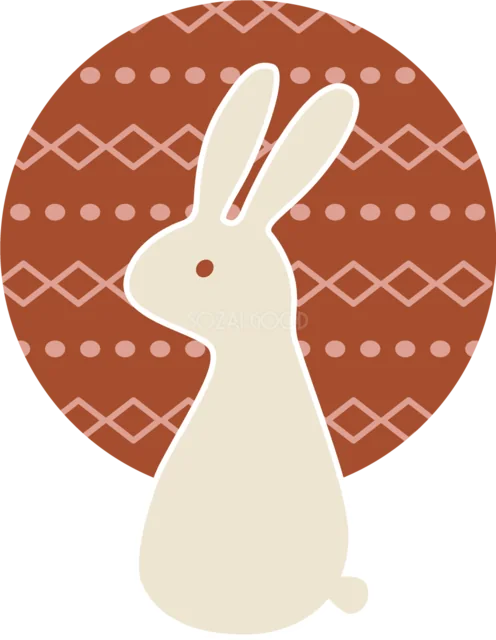茶色の和柄模様を背に座る白うさぎ（背景透過PNG）