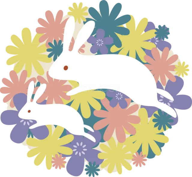 カラフルな花畑を跳ぶ白うさぎの親子（背景透過PNG）
