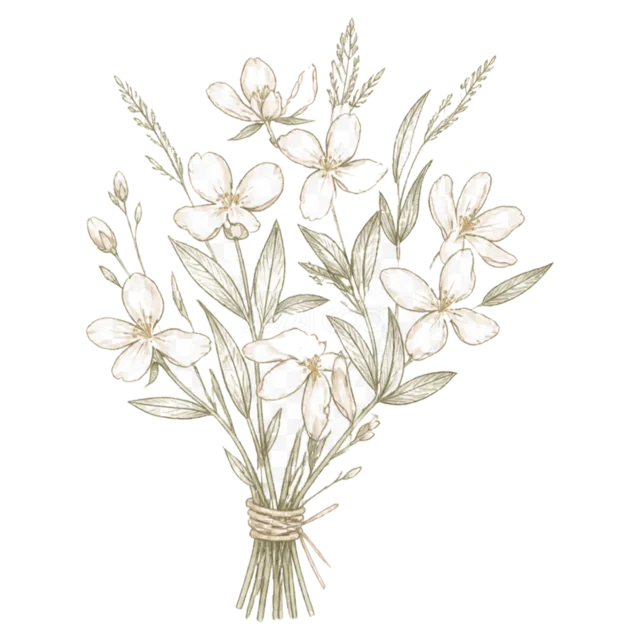 野の花を細い金色線で束ねた上品なボタニカル線画（背景透過PNG）