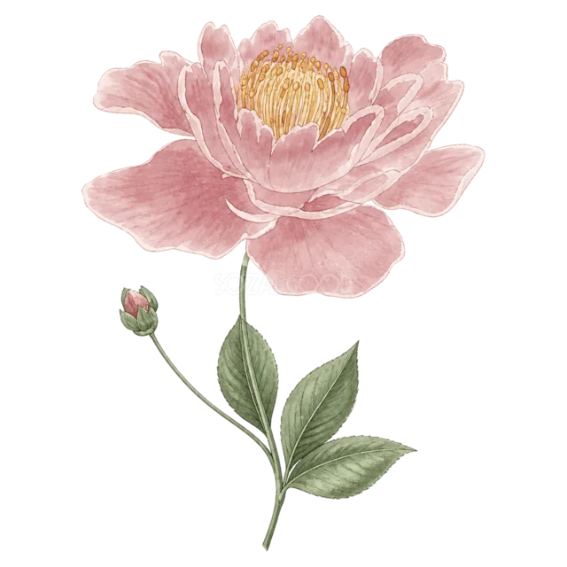 一輪の淡いピンクの芍薬を描いた水彩フラワーイラスト（背景透過PNG）