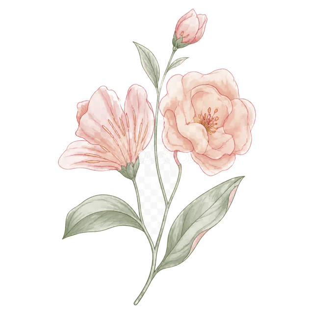淡いピンクの花とつぼみを描いた優しい水彩フラワーイラスト（背景透過PNG）