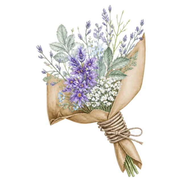 紫のラベンダーと白い小花をクラフト紙で包んだ花束イラスト（背景透過PNG）