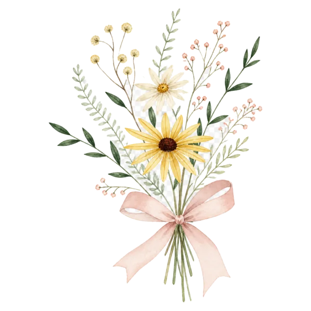 黄色い野の花をピンクのリボンで束ねた水彩花束イラスト（背景透過PNG）